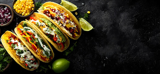 A vibrant array of delicious tacos filled with fresh ingredients, served with lime wedges and sides of corn, perfect for food lovers and gatherings.