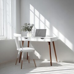 Minimalist home office, white desk, laptop, 