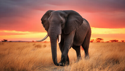 Obraz premium Majestic elephant walking at sunset in golden grassland under dramatic orange sky with soft light and warm background