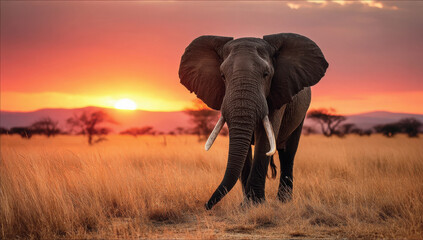 Obraz premium Majestic elephant walking at sunset in golden grassland under dramatic orange sky with soft light and warm background