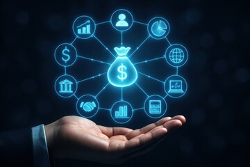 Hand presenting glowing network of financial icons centered on a money bag symbol