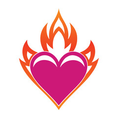Magenta heart with orange flames abstract graphic design fire