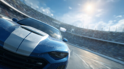 Fototapeta premium A mechanic polishes a car’s hood in a pit lane with rags wiping chrome reflecting pit lights teammates rushing past and a crowd chanting in the distance rendered in a shiny pho