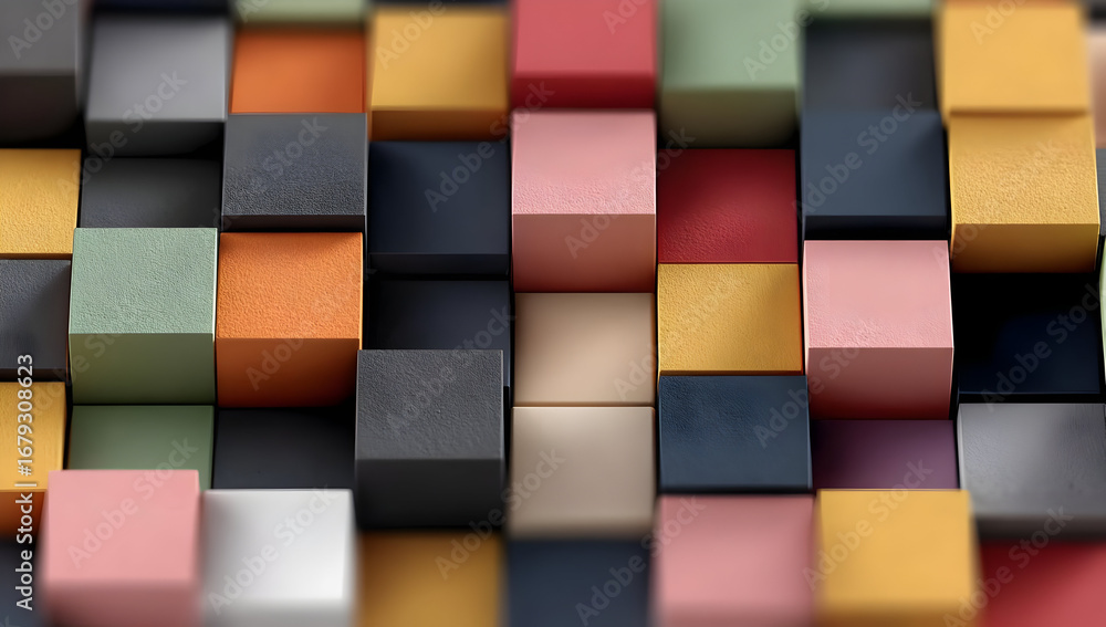 Poster a stunning array of colorful square blocks arranged in a dynamic pattern, perfect for use in modern 