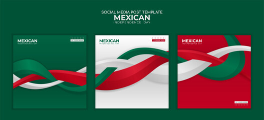 Set of carousel social media post with waving 3d shapes of green white and red for mexican national day