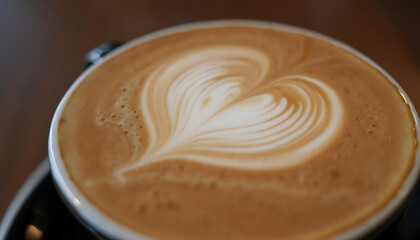 A steaming hot cup of frothy cappuccino, a morning breakfast beverage, sits on a rustic wooden table