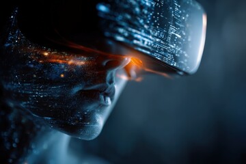 Virtual reality headset, glowing interface, cyberspace background, 