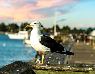 Seagull on a pier at sunset