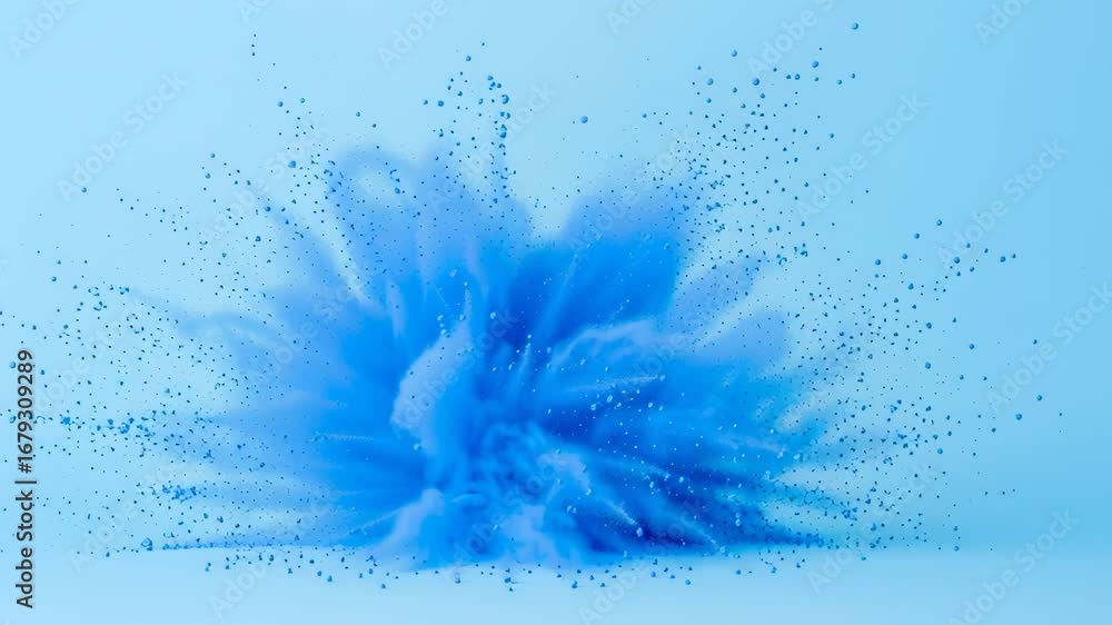 Poster vivid blue powder bursting, creating dynamic cloud pattern against soft azure explosive background, 
