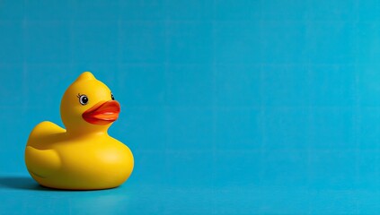 Yellow rubber duck on vibrant blue background