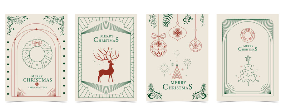 Minimal art deco with christmas tree, reindeer,wreath outline.vector illustration for Christmas party invitation card, postcard, menu ,print, social media template