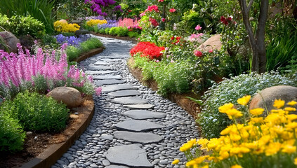 Obraz premium A vibrant garden pathway adorned with colorful flowers and lush greenery. Perfect for adding a touch of nature and tranquility to any project.
