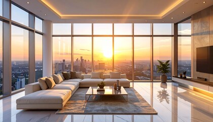 Modern Living Room with Panoramic City View at Sunset