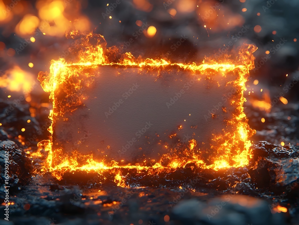Poster an intensely glowing rectangular frame of fiery flames and sparks on dark textured ground symbolizin