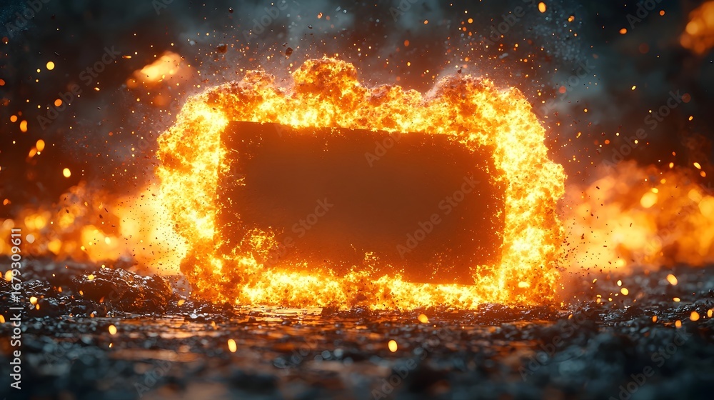 Poster a rectangular fiery frame erupts with intense flames and sparks on a dark debris strewn ground creat