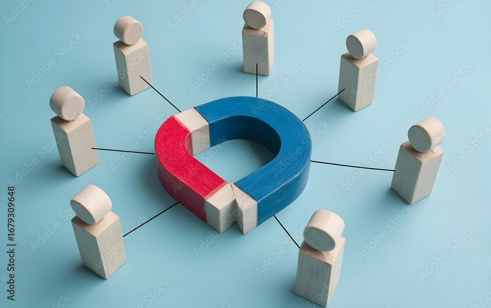 Poster creative representation of collaboration and connection in a business setting, featuring wooden figu