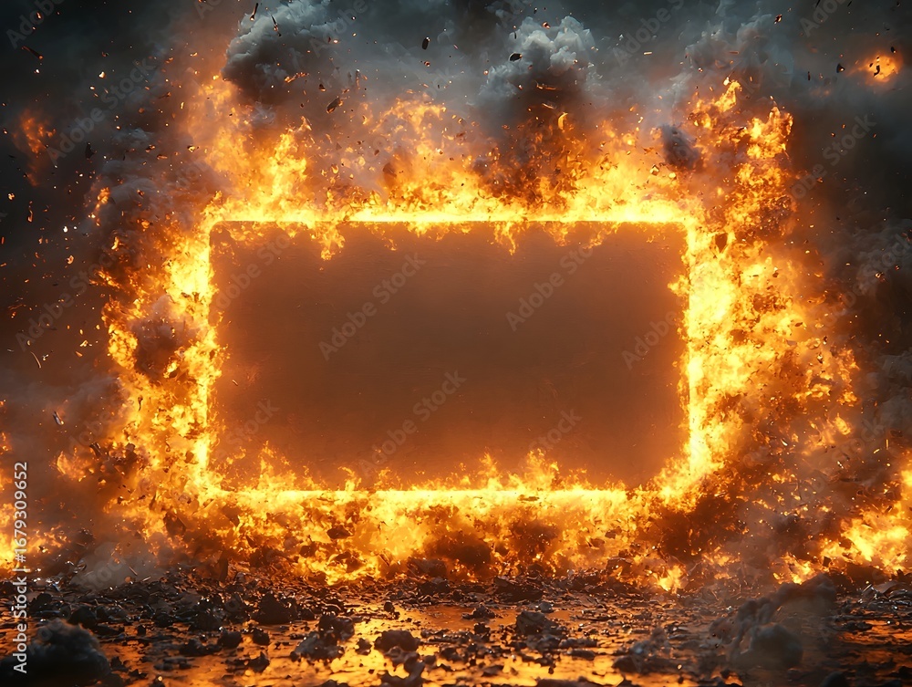 Poster a glowing rectangular frame surrounded by an intense fiery explosion smoke and debris symbolizing po