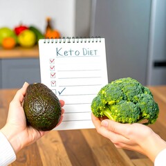 Hands holding avocado and broccoli, checklist for keto diet