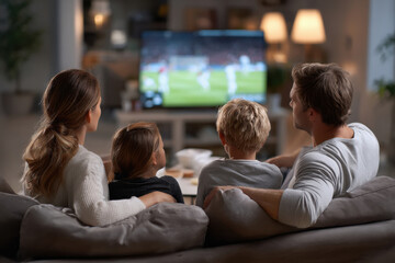 Middle-class family watching TV - Parents and kids reacting to cricket match, cozy living room