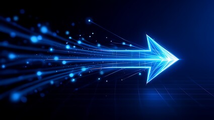 Abstract Glowing Blue Arrow Moving Forward with Particles and Streaks of Light on a Dark Background