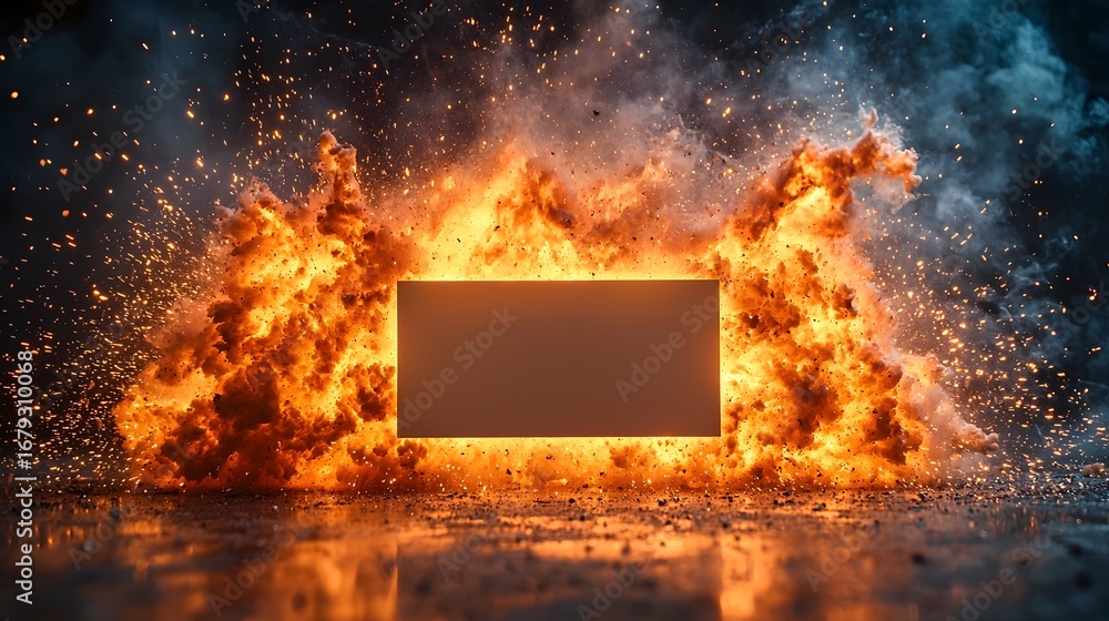 Aufkleber a powerful explosion of orange and red fire and sparks engulfs a glowing blank rectangular object in