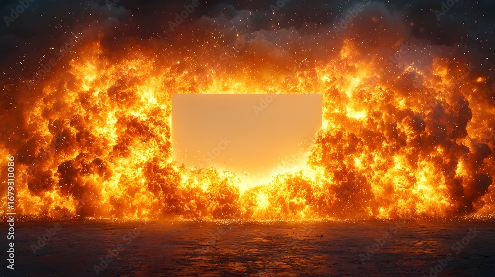 Poster a powerful explosion of fiery flames surrounds a luminous blank space creating a dramatic and intens