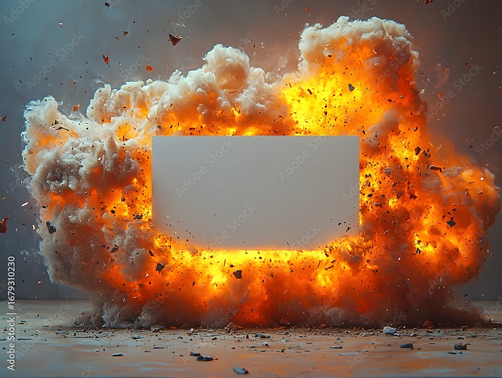 Poster blank card surrounded by a powerful fiery explosion with smoke and flying debris creating a dynamic 