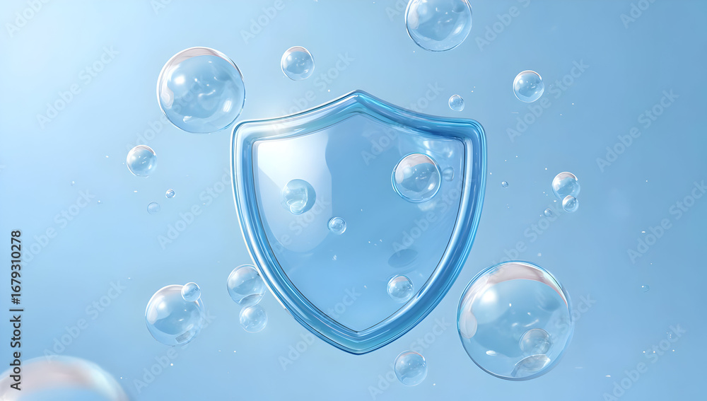 Poster a vibrant blue shield icon surrounded by bubbles, representing security and protection in a digital 