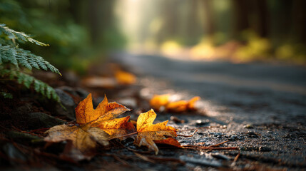Obraz premium Autumn leaves gently falling over tranquil forest path, creating serene atmosphere. warm colors of leaves contrast beautifully with soft light filtering through trees
