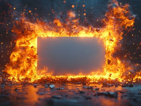 A blank rectangular card engulfed in fierce flames and flying debris symbolizing destruction power or transformation