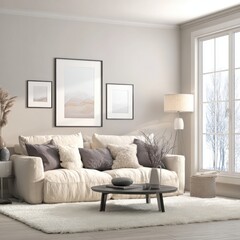 Minimalist modern living room with rectangular frame mockup, neutral gray tones, sofa, cushions, coffee table, white carpet, abstract artwork, sculptures, sunlight, cozy home atmosphere interior