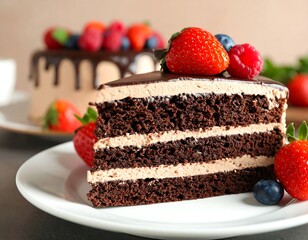 Chocolate cake slice with berries