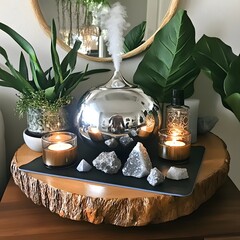Serene Spa Room Decor with Diffuser, Candles, and Crystals