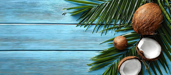 Fresh coconuts and palm leaves arranged on a vibrant blue wooden surface. Perfect for summer themes, tropical recipes, or vacation vibes.