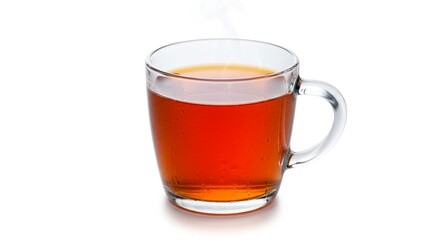 A clear glass mug filled with dark amber liquid isolated on a plain white background in studio shot