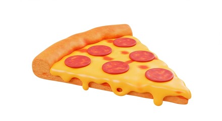 A single slice of pepperoni pizza with dripping cheese on a white background in a cartoon style