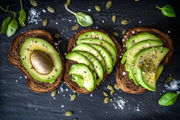 Delicious Avocado Toast on Dark Bread with Seeds and Salt