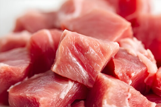 Fresh chunks of raw meat ready for cooking. Ideal for various culinary dishes, showcasing quality and texture in food preparation.
