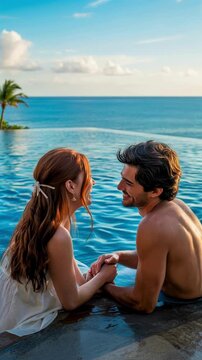 Romantic Couple Relaxing by Infinity Pool Overlooking Ocean