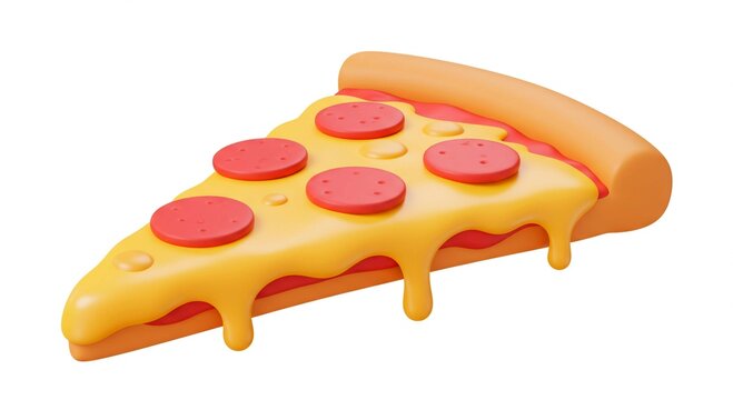 A pepperoni pizza slice with melting cheese on a white background in a cartoonish rendering style