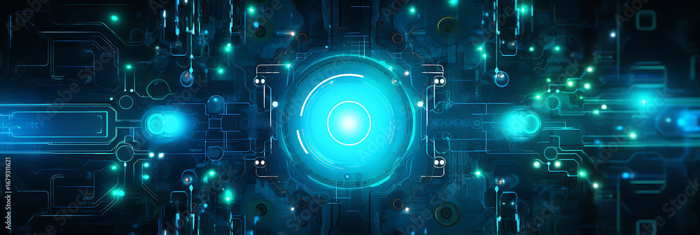 Poster technological convergence: an illuminated circuit board showcases a core of interconnected circuits,