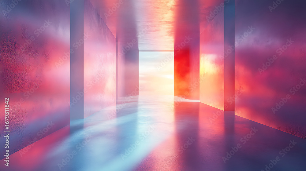 Poster illuminated corridor of light: a captivating image of an empty corridor flooded with radiant light, 