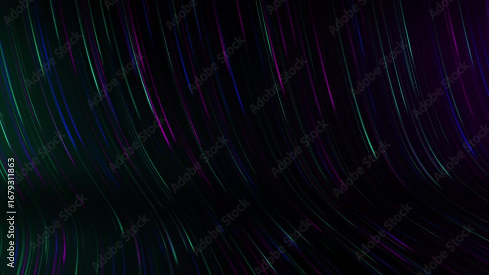 Aufkleber flowing streams of vibrant purple and cyan light trails curve through a dark digital space, an abstr