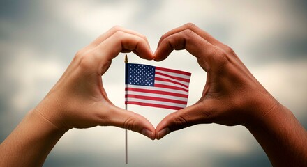 Hands forming a heart shape around an american flag against a cloudy sky in a patriotic display
