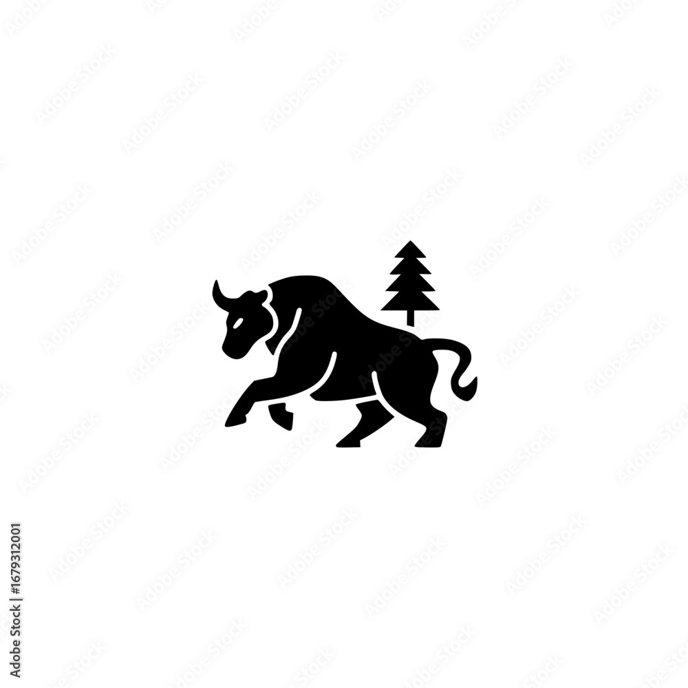 Poster bull and tree icon in minimal vector design with nature and power theme for branding use
