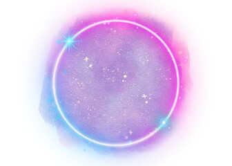 A glowing neon circle with a dreamy galaxy-like background in purple and pink hues. Sparkles, stars, and light flares surround it, creating a magical, cosmic, and futuristic atmosphere.