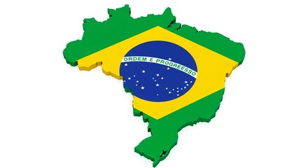 A brazil map with the brazil flag colors and design on a white background in a studio shot style