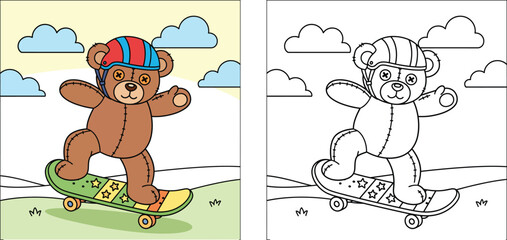 Cool Cartoon Teddy Bear Skateboarding with Helmet - Colorful and Line Art Versions for Sports, Adventure, and Childhood Fun © AbuNazam