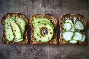Delicious Avocado Toast Variety,  Healthy Breakfast Toppings Seeds, Cucumber
