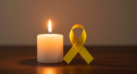 A lit white candle with a bright flame and a yellow ribbon on a dark brown surface against a light brown wall